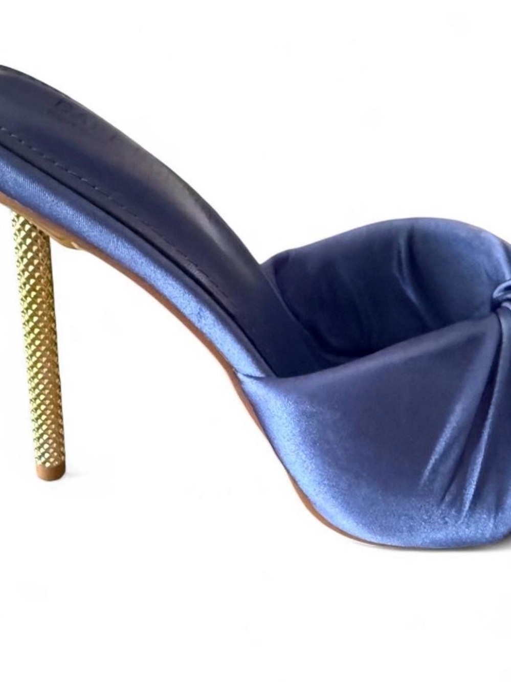 Cape Robbin Blue Satin Knot-Front Mule with Gold Textured Stiletto